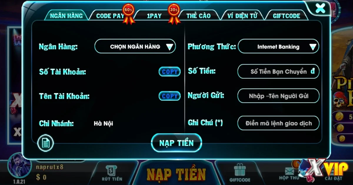 Nạp tiền vào tài khoản game